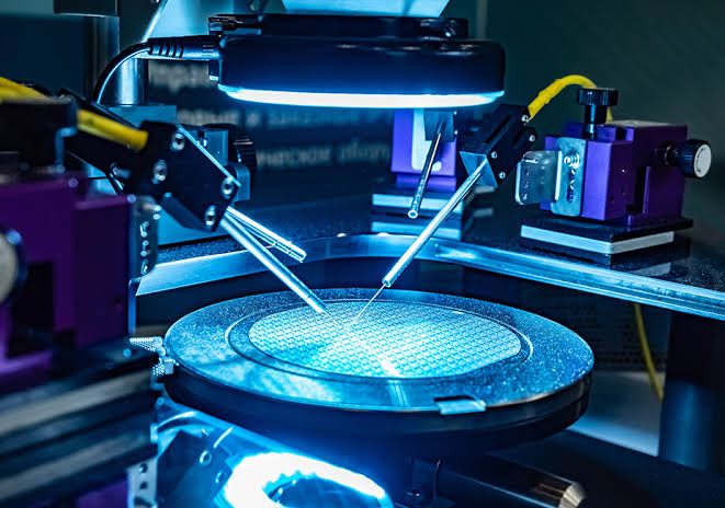 Wafer under probe needles in blue light